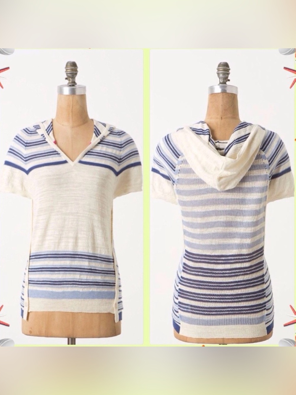 Anthropologie Sparrow Ivory & Blue Striped Short Sleeve Hooded Sweater(S)